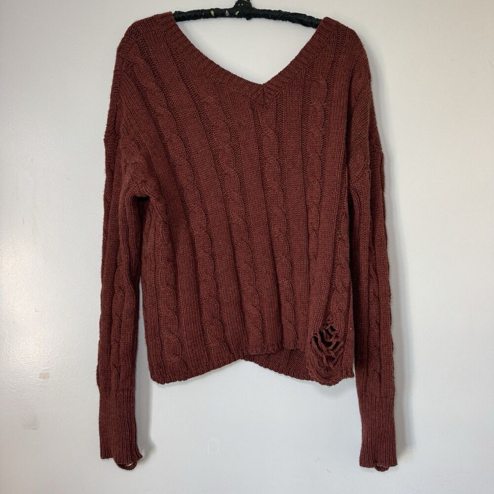 NWT NSF Cable Knit Off Shoulder Brown Distressed Ripped Sweater Sz S - Picture 2 of 6
